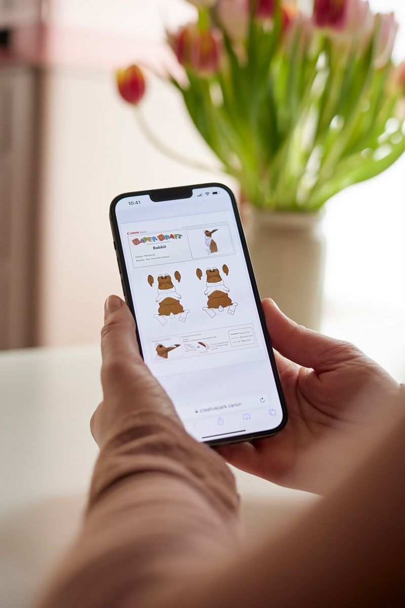 Hands holding a smartphone displaying a Creative Park rabbit template in the Canon Creative Park app. 