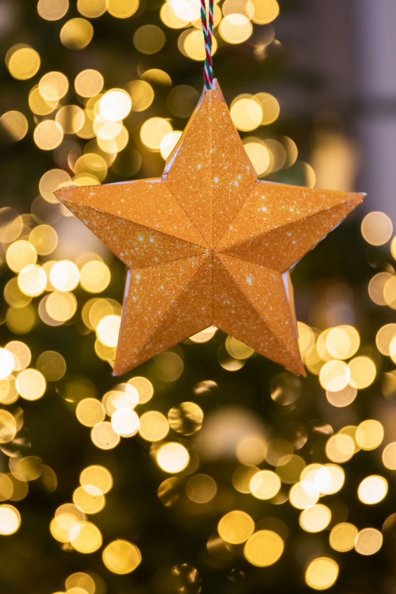 A Canon Creative Park papercraft star hanging from a Christmas tree, with blurred lights in the background.