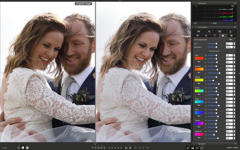 A before and after shot of a couple on their wedding day next to a lake, dark and unedited on the left, showing the lighter version on the right, edited in Digital Photo Professional. 