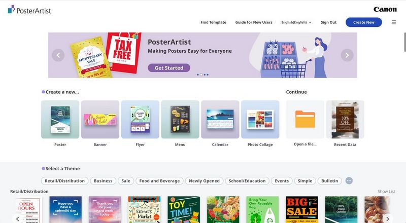 A screenshot of Canon PosterArtist showing the products and themes available.