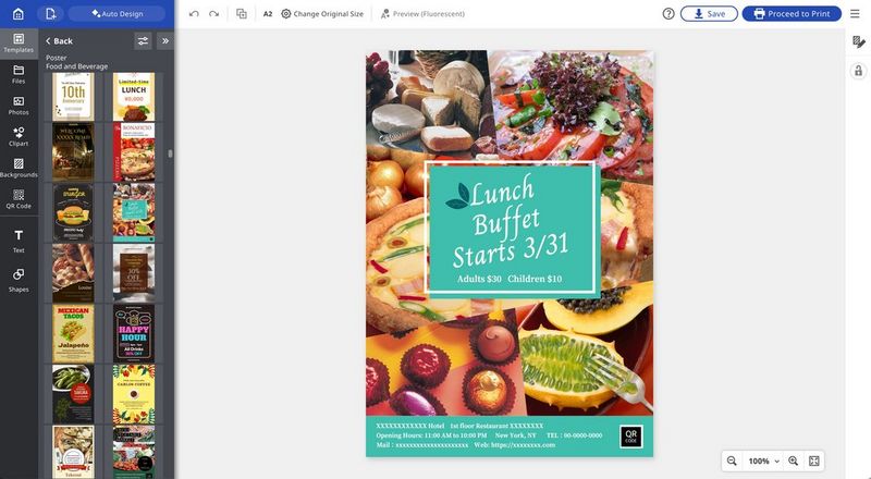 A screenshot of Canon PosterArtist showing a template in the Food and Beverage category.