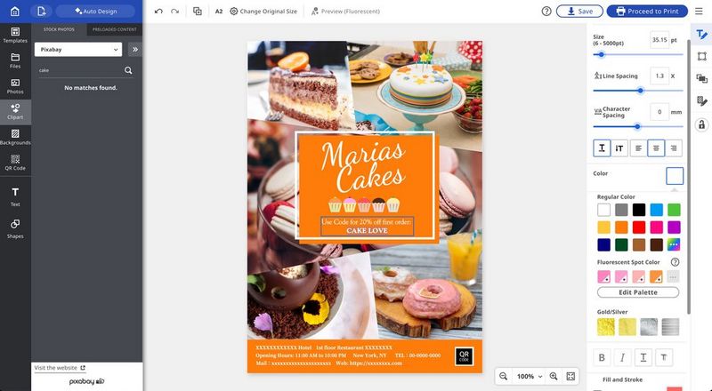 A screenshot of Canon PosterArtist showing a poster for a local cake business, with editing options in a panel on the right-hand side.