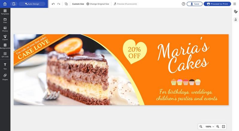 A screenshot of Canon PosterArtist showing a banner for a local cake business.