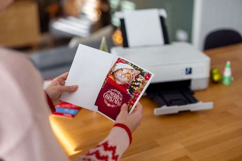 A woman putting a home-printed card into a white envelope.