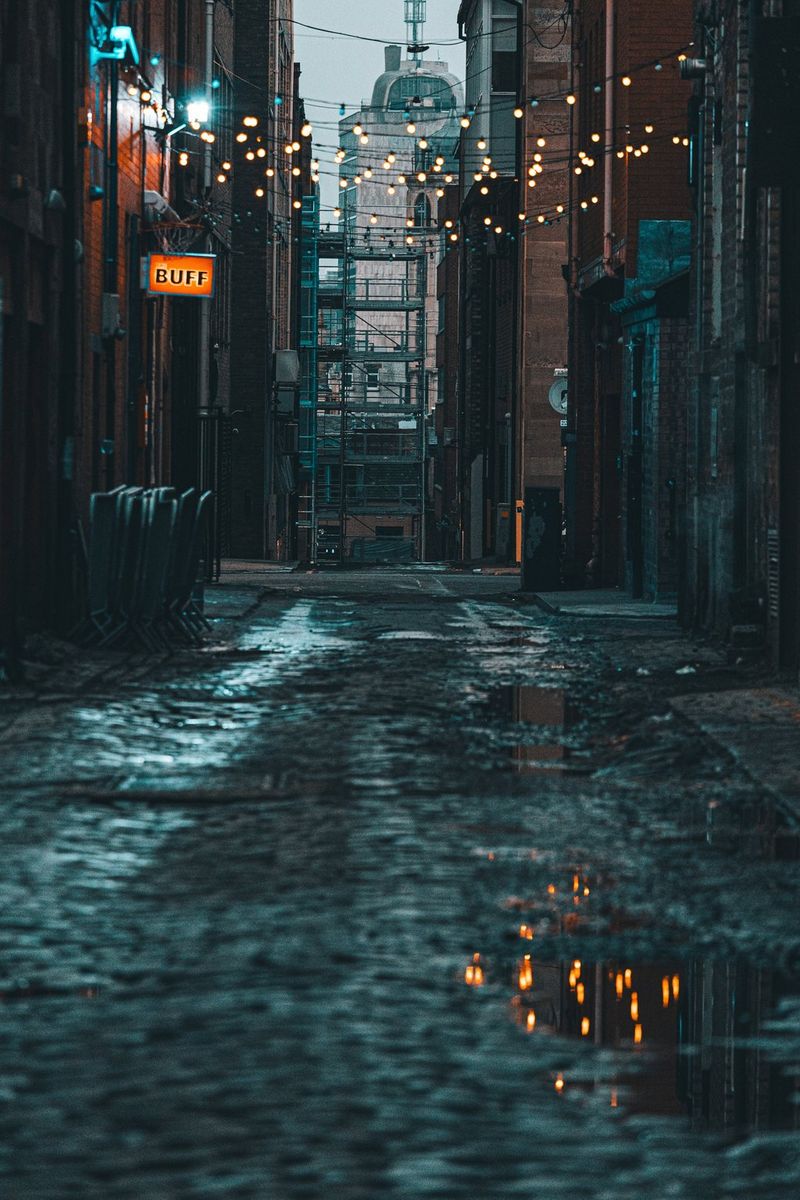 A narrow cobbled street at dusk, the bulb lights strung between the buildings reflected in the puddles of water on the road. Taken by Andres McNeill.