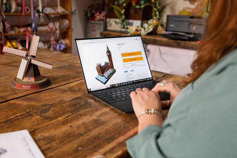 A laptop screen showing a template of a Dutch windmill available to download from the Canon Creative Park website.
