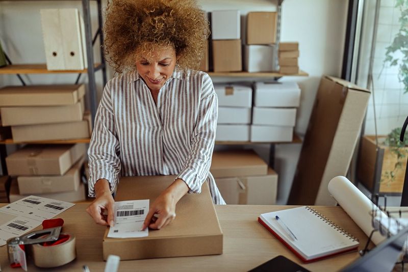 a woman putting a label on a parcel