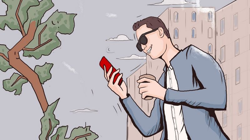 A comic style illustration of a man looking at his smartphone outside