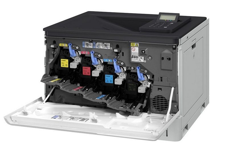 A Canon laser printer with a side of it open showing the toner cartridges.