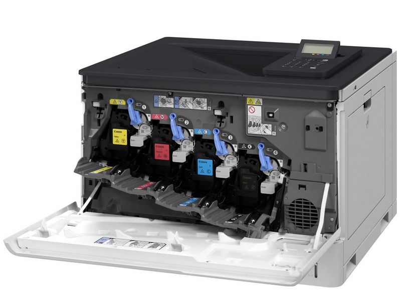 A Canon i-SENSYS laser printer open at the front, showing four toner cartridges that slot in from the front.