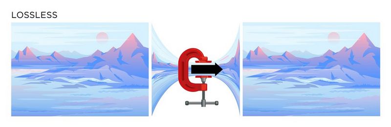 A diagram showing an image being compressed using lossless compression. The compressed file is not as small, but the image retains all the colour and tonal detail it originally had.