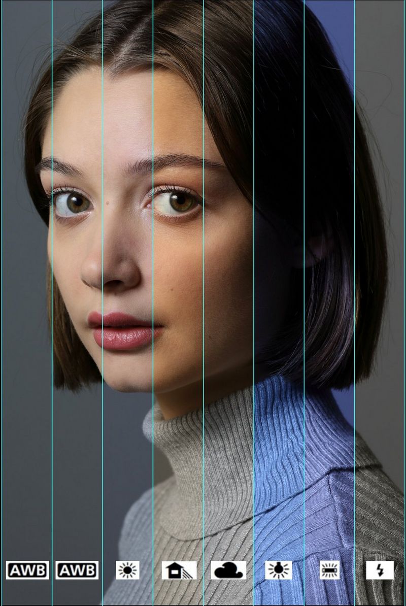 A portrait of a woman wearing a grey pullover, divided into eight vertical strips, each with a different White Balance setting.