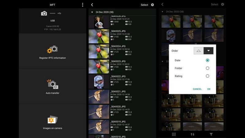 Three screenshots, from left to right, showing the home screen of the Canon Mobile File Transfer (MFT) app, photo selection screen, and a dialogue box to change the order in which the photos are shown.