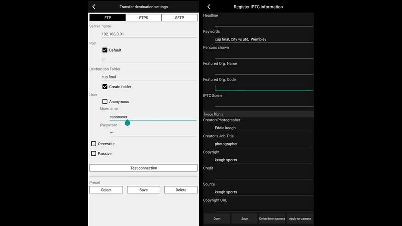 Two screenshots of the Canon Mobile File Transfer (MFT) app showing transfer destination settings, and partially filled fields under Register IPTC information. 