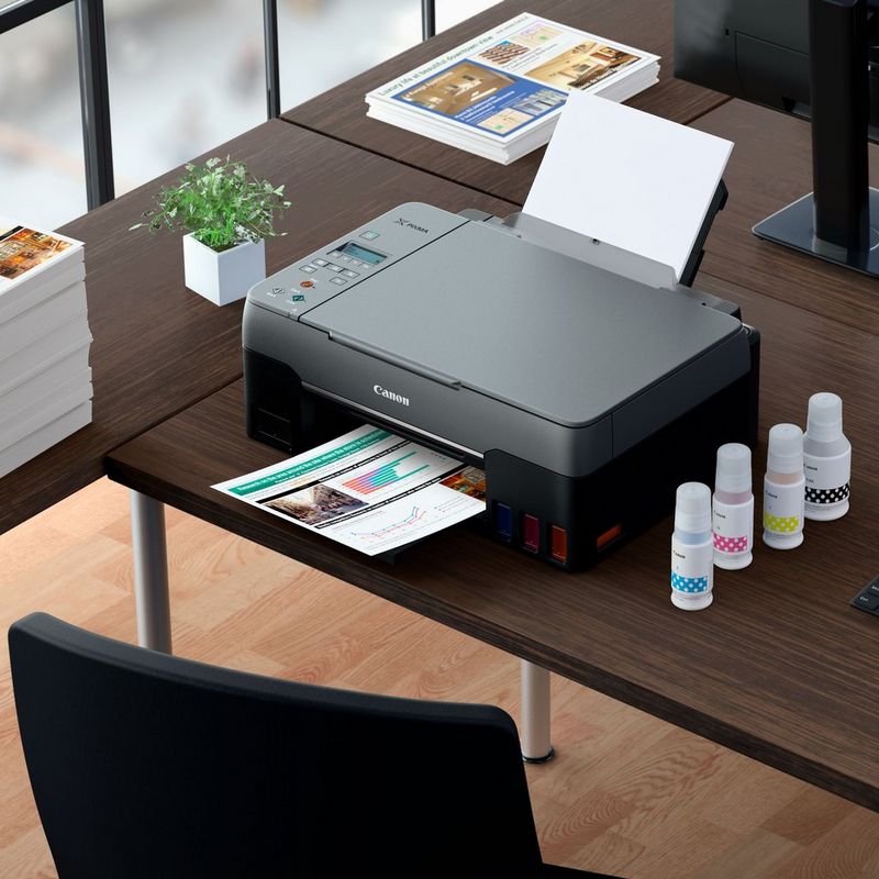 PIXMA G3560 with photo prints and compatible inks in an office desk