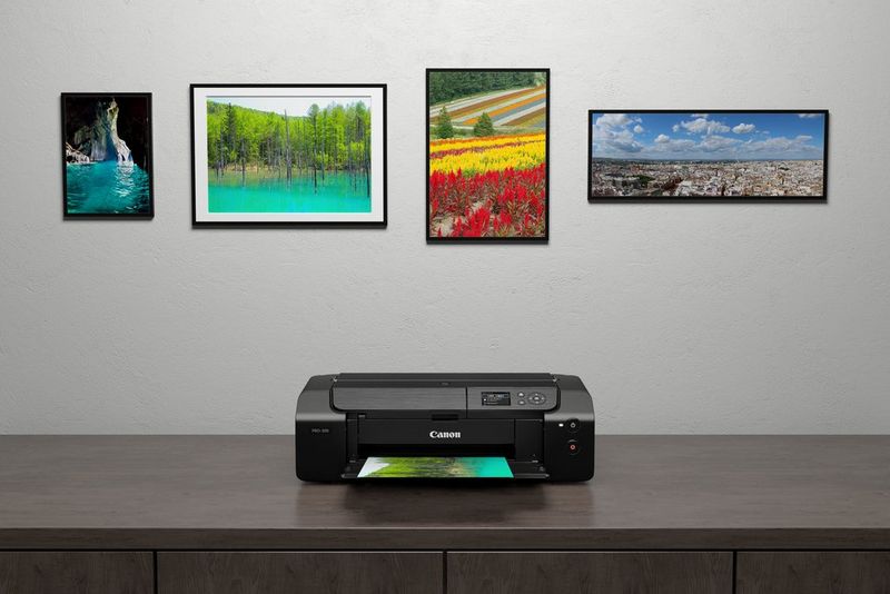 A photo print emerges from a Canon PIXMA PRO-200 printer on a dark wood sideboard, with four colourful framed prints of different sizes on the wall behind.