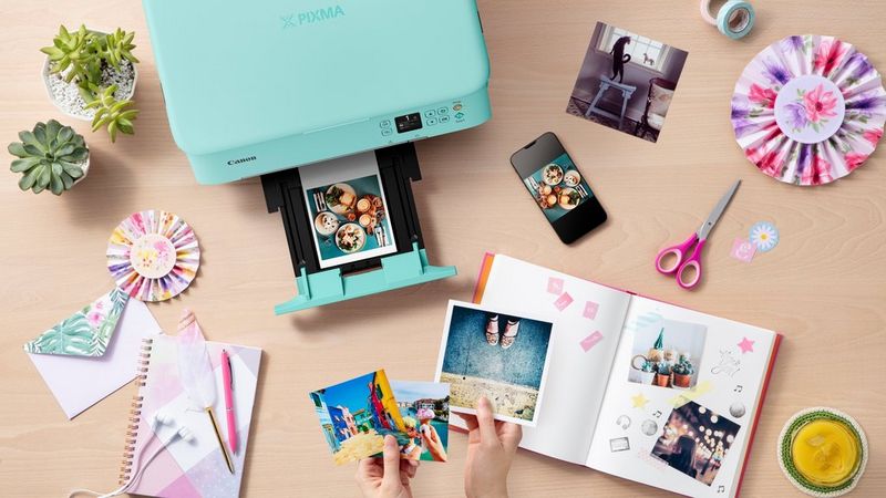 PIXMA printer and printouts.
