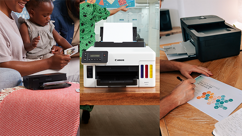 A collage of three images of people using different types of printers.