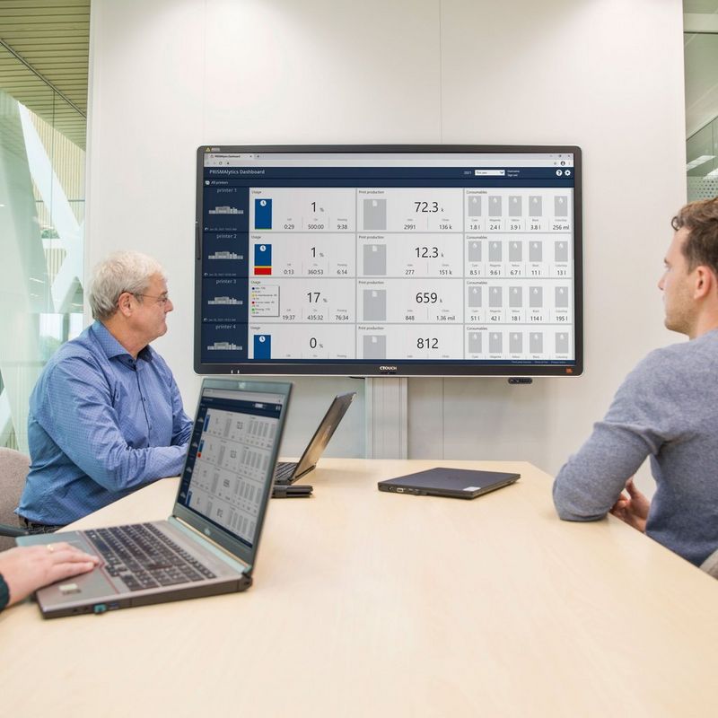 Work professionals looking at a PRISMAlytics Dashboard.