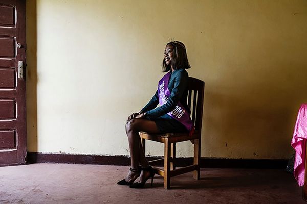 Miss Bangui, 23-year-old Charlène Sambo, poses backstage at the Boganda National Museum in Bangui, the capital of the Central African Republic.