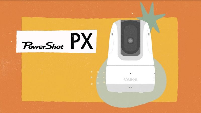 A still showing an illustrated Canon camera on an orange background next to text that reads: PowerShot PX. 