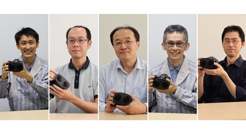 Headshots of men sitting at a table each holding the Canon RF 5.2mm F2.8L Dual Fisheye lens.