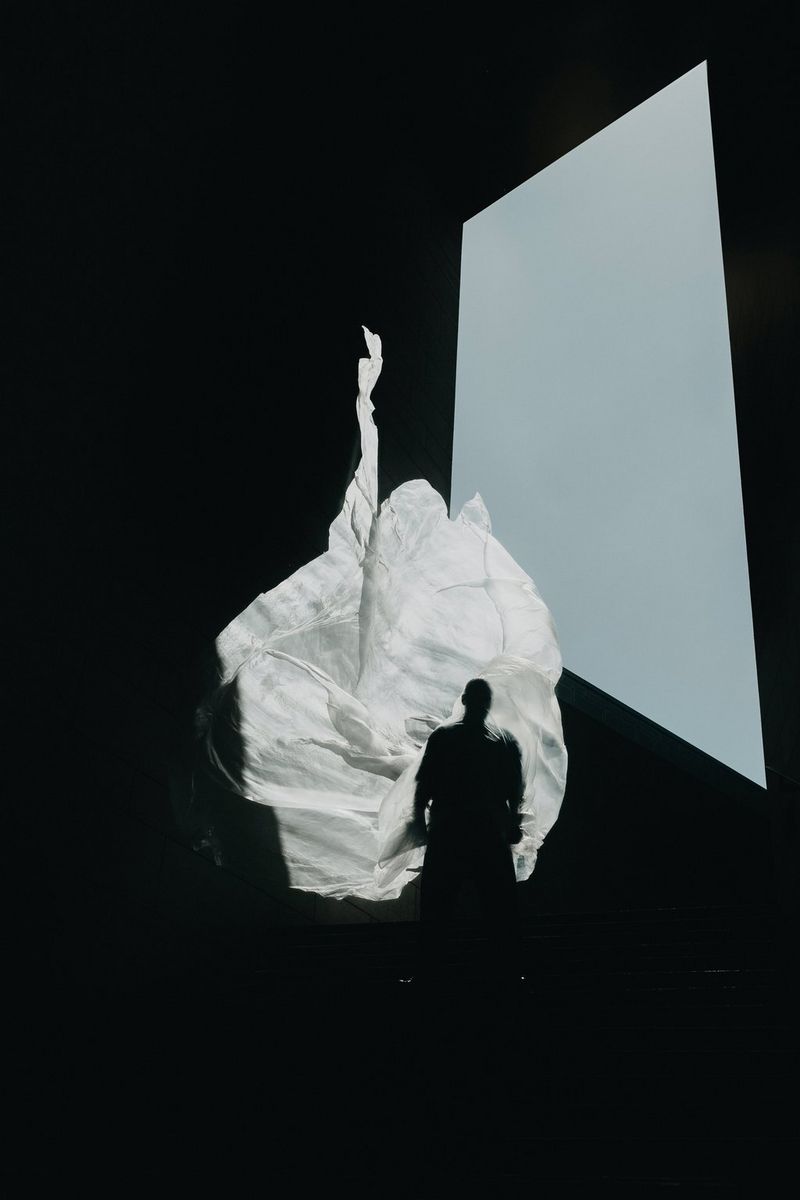A monochrome image appears as though a figure is silhouetted against a white material in an image by Sarah Köster. 