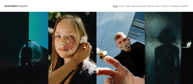 The homepage of photographer Sarah Köster's website showing a montage of portraits.
