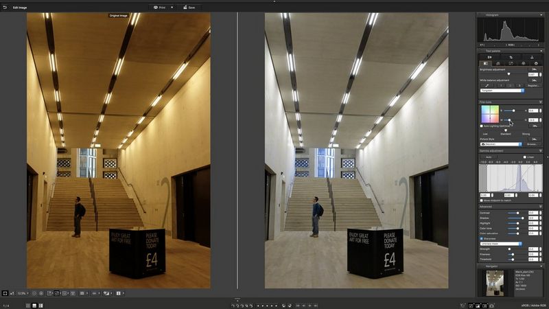 An interior shot with a warm colour cast being corrected in DPP.