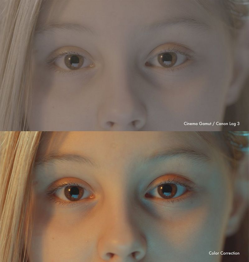 Two versions of a close-up of a woman's face, one showing the low-saturation footage shot in Canon Log 3 and the other the image after it has been colour graded. 