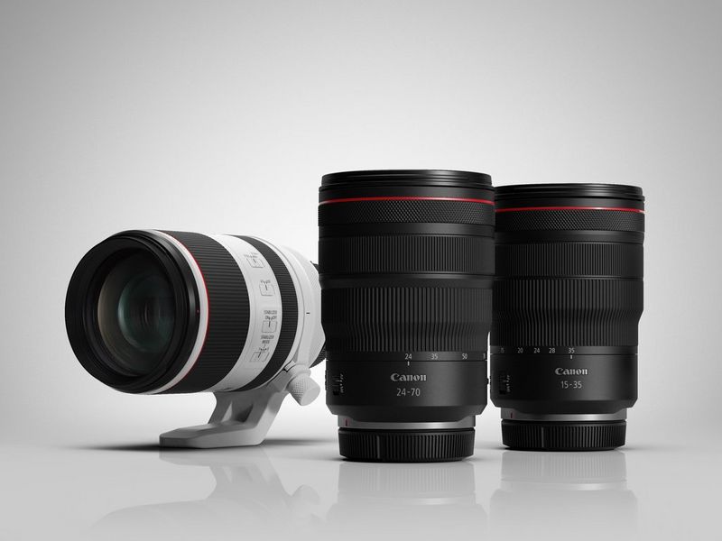 Canon's trinity of RF zoom lenses: RF 15-35mm F2.8L IS USM, RF 24-70mm F2.8L IS USM and RF 70-200mm F2.8L IS USM.