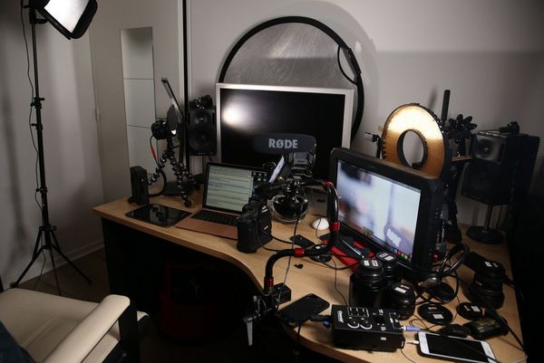 Sébastien Devaud's home office setup, with cameras, monitors, lenses and lighting equipment.