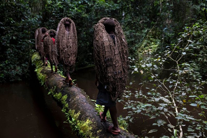 Five young people carrying large nets on their heads use a fallen tree to cross a river. Taken by Brent Stirton on a Canon EOS R5.
