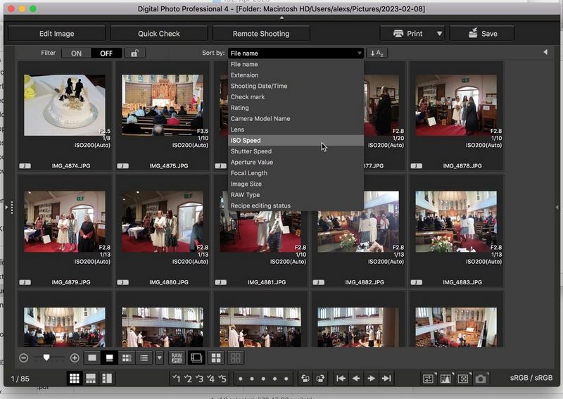 A screenshot of Digital Photo Professional 4 showing the Sort by menu options, with ISO Speed highlighted.