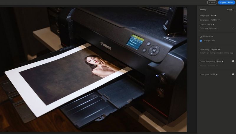 A screenshot of Adobe Photoshop Lightroom showing an image of a print emerging from a Canon printer, while the panel on the right shows the option to delete EXIF data. 