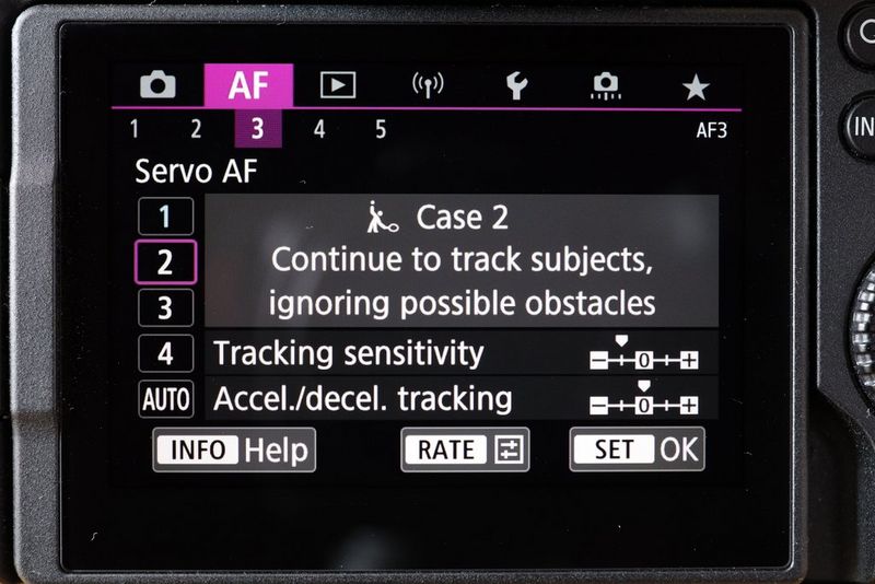 The AF configuration screen of an EOS R6 showing the camera set to Servo AF with the Case 2 preset selected.