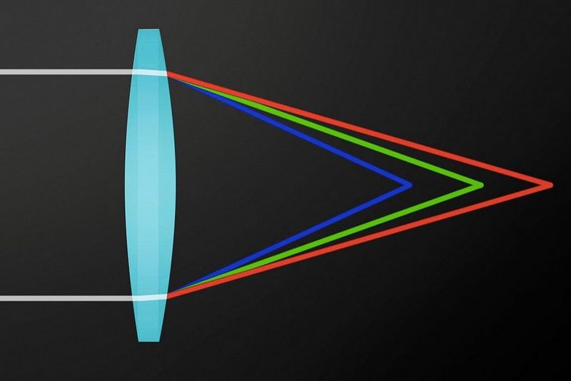 Diagram of a conventional lens, showing chromatic aberration caused by different wavelengths of light coming to a focus at different points.