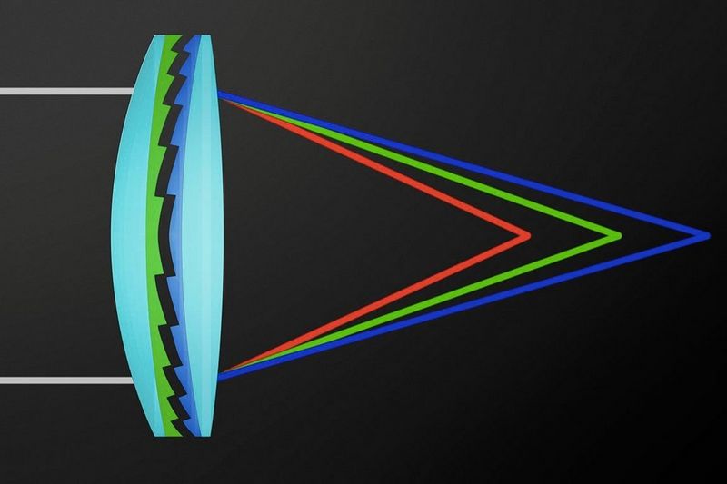 Diagram of a DO lens element, showing chromatic aberration with wavelengths coming to different focus points in reverse order.