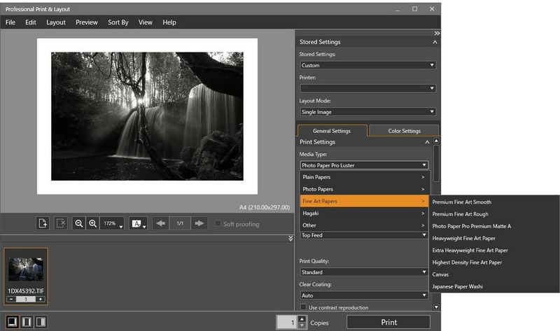 A screenshot of Canon's Professional Print and Layout software, with a fine art paper being selected in the Media Type pop-up menu.