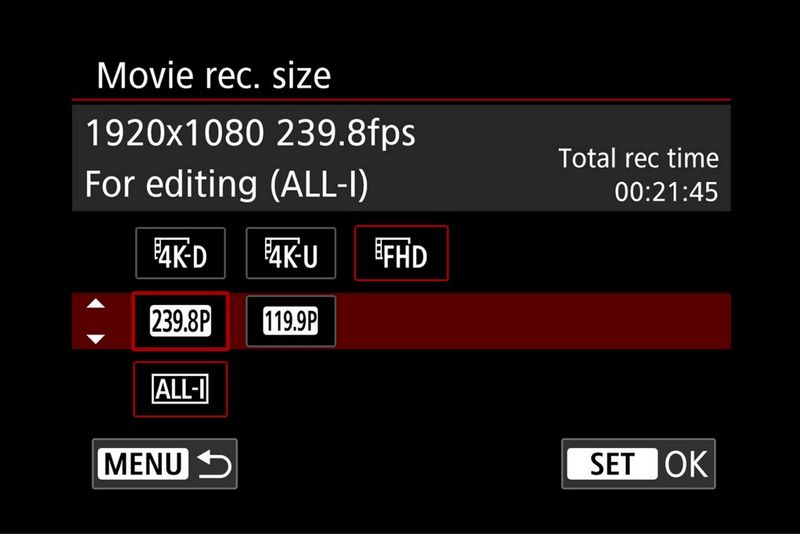The video recording option screen on the EOS R3 with 240fps high-frame-rate Full HD video selected.