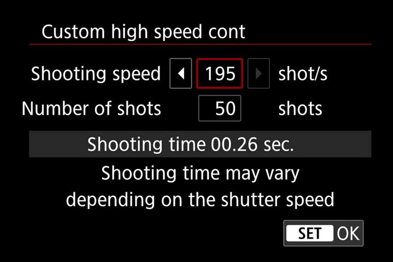 The Custom high-speed continuous shooting menu screen on an EOS R3.