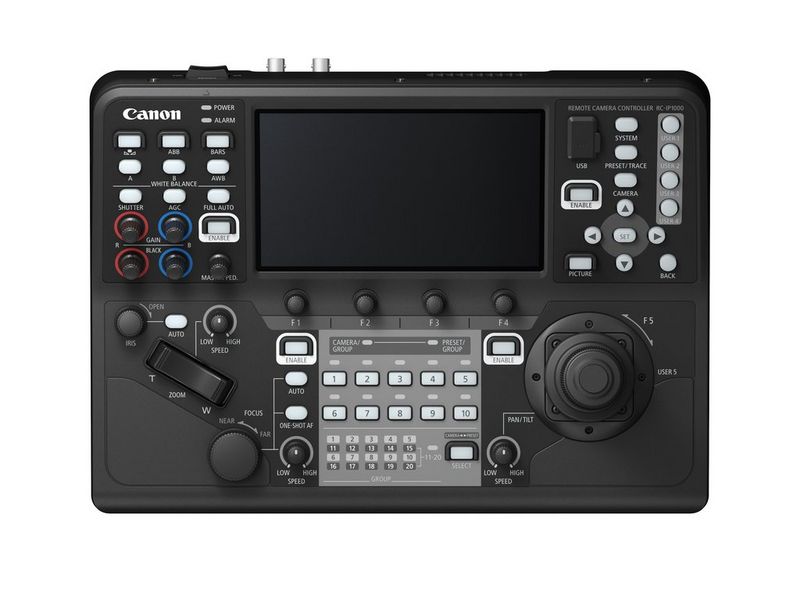 A top-down view of the Canon RC-IP1000 PTZ controller.