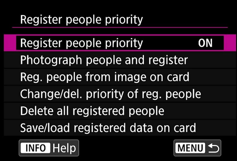 A menu screen display showing options of the Register People Priority feature on an EOS R3.