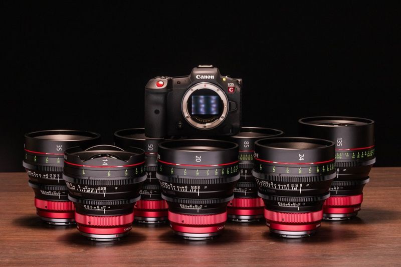 The Canon CN-R Prime lineup, pictured with a Canon EOS R5 C camera.