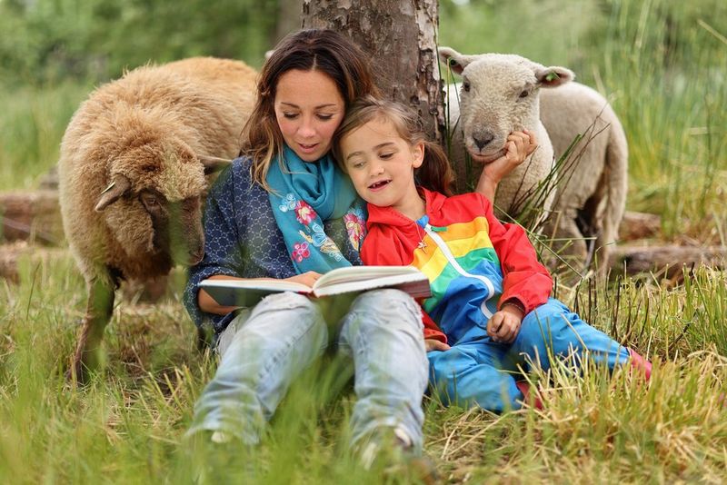 A woman and child sit reading in a field alongside two sheep, in this portrait by Ilvy Njiokiktjien taken with a Canon RF 85mm F2 MACRO IS STM lens.   