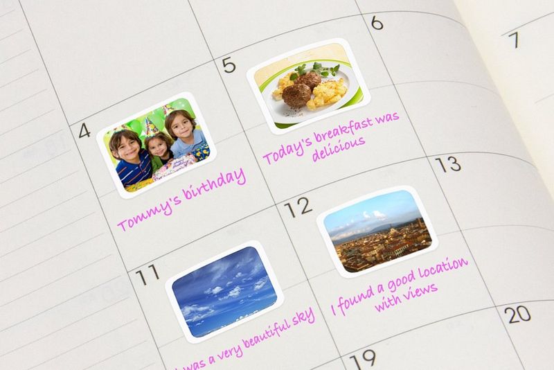 A page from a notebook or a diary with dates and four mini stickers with pictures and descriptions of: boy’s birthday party, breakfast on a plate, blue sky and a cityscape.