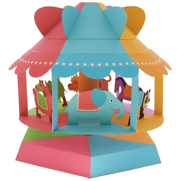 A colourful papercraft merry-go-round. 