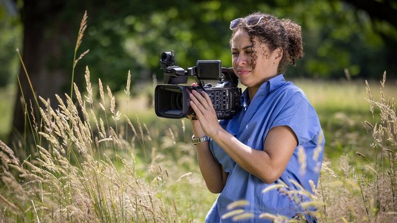 A woman wearing a blue shirt films with a Canon XF605 camcorder in a field of tall grass. 