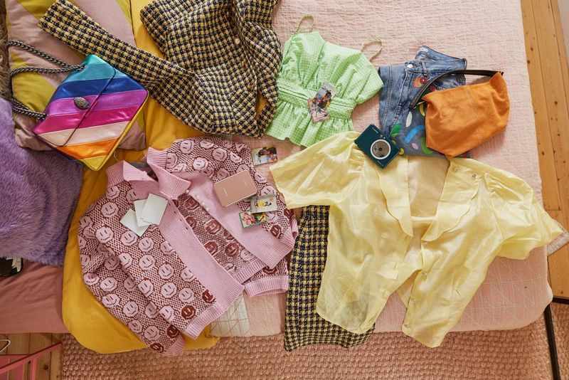 A selection of clothes and accessories are laid out on a bed, along with Canon instant cameras and printers and a selection of small photographs.