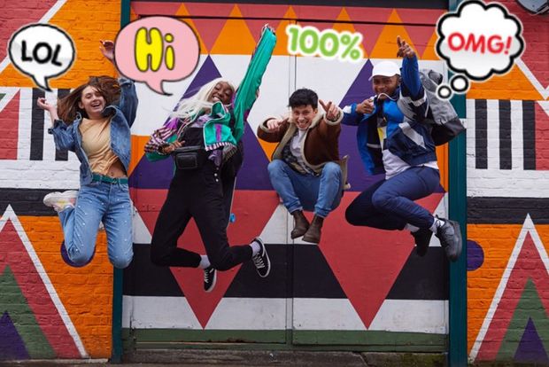 A picture of 4 young people jumping in the air with speech bubbles and other AR text added.